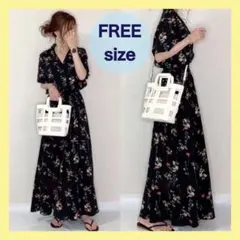 ワンピース　花柄　マキシ丈　夏　半袖　Ｖネック　襟付き　ロング　着痩せ シフォン