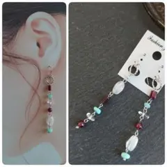 いろいろ天然石のランダムアシメピアス　ガーネット　アマゾナイト　ムーンストーン