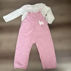 美品　プチバトーはピンク リボン付きオーバーオール　インナー　セット