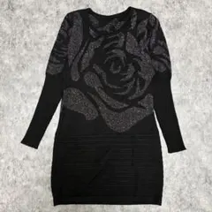 ニットワンピース 黒 ラメ 薔薇柄 タイト ワンピース 長袖 ミニ丈 セクシー