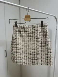 ホワイトブラウンチェック ミニスカート ツイード風