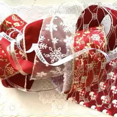 ☆クリスマス☆キリキラ幅広ワイヤーリボン、メッシュ他8種類・ペーパーナフキン付き