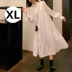 体型カバー　ホワイト　XL　長袖　レディース　ロングワンピース　白　カジュアル