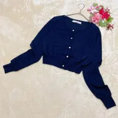 【dazzlinダズリン】ショート丈 長袖ニットカーディガン貝ボタン ネイビーＦ