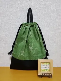 持ち手付き巾着袋  上靴入れ お道具袋   Gシンプル昆虫柄×ブラック