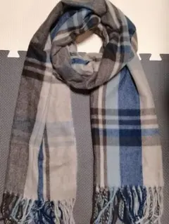 大判　グレー×青チェック柄 マフラー　男女兼用ふんわり上品質感暖かいストール