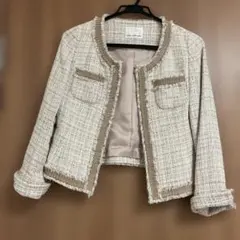 ノーカラー ツイードジャケット ベージュ系