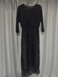 結婚式 パーティー 黒 ブラックレースドレス パーティードレス　七分袖