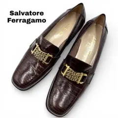 【美品】Ferragamo ガンチーニチェーン ブラウン ローファー 24.5㎝