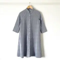 【今だけお得・美品】ユニクロ 七分袖ボーダーシャツワンピース S 紺白 Aライン