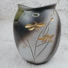 【新品 紙箱付/手づくり】信楽焼 金彩 草花文 花瓶 花器 伝統工芸 陶器