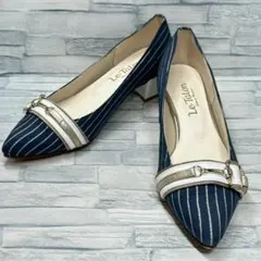 【美品】Le Talon　パンプス　ストライプ　バックル　チャンキーヒール
