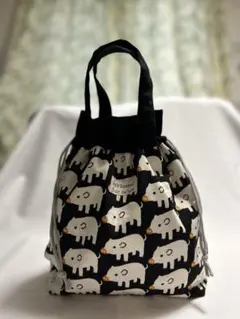 ハンドメイド 巾着トートバッグ ブタ柄 ブラック