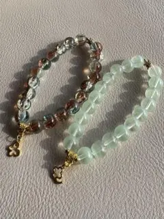 ビーズブレスレット クリア・グリーン・ブラウン 17cm 2本セット（1002）