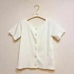 リブ編み ホワイト 半袖前開きボタントップスのサムネイル