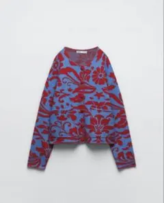 ZARA ジャカードニットカーディガン　フラワーパターン 青×レッド　ウール花柄