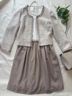【入学式・卒業式】ツイードジャケット ワンピース セット S ベージュ