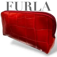 【美品】フルラ　ポーチ　コスメ　クロコ型押し　レザー　赤　ラグジュアリー　高級感