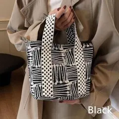ミニトートバッグ モノトーン 幾何学模様 サブバッグ　北欧風 ブラック
