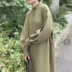 AS KNOW AS plus ボリューム袖 バンドカラーシャツワンピース