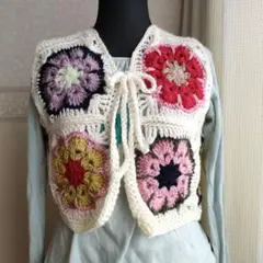 一点物ハンドメイドショート丈ベスト★アフリカンモチーフ★かぎ針編み