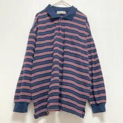 長袖ポロシャツ ストライプ柄 ネイビー レッド メンズL 綿混 カジュアル 春秋