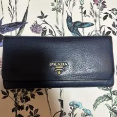 PRADA プラダ 長財布 ネイビー レザー パスケース付き ゴールド金具