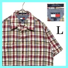 90sトミーヒルフィガー 半袖開襟ボックスシャツ チェック柄 刺繍ロゴ 古着 L