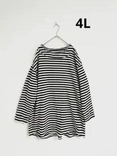 襟フリルボーダーチュニックプルオーバー　大きいサイズ4L