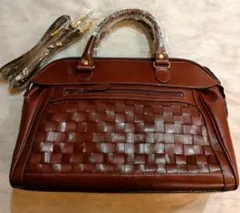 ブラウン 編み込みデザイン ハンドバッグ