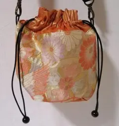 花柄 鳥模様袋帯リメイク和風ショルダーバッグ 巾着型　マチあり
