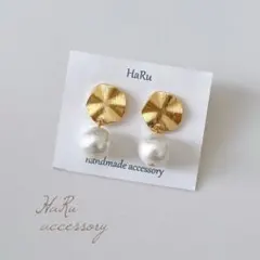 【 B6 】メタルプレート ゴールド コットンパール ピアスorイヤリング