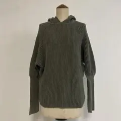 リブ編みフード付きパーカー オリーブグリーン