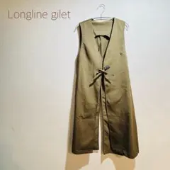 カーキ ロングジレ ベスト 変形デザイン オープンフロント シンプル 個性的