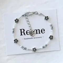 【再販】グレー × ホワイト お花ビーズ ｜ビーズブレスレット｜ハンドメイド