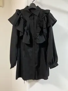 フリルシャツチュニックワンピース　ブラック　M