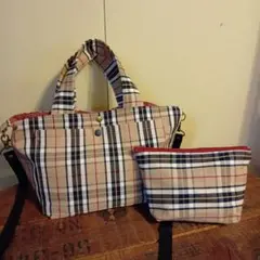 チェック柄トートバッグとポーチセット