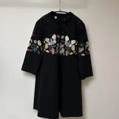 Xinger 黒 蝶の刺繍 七分袖ワンピース　Lサイズ
