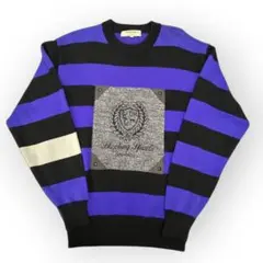 90s古着 DIMAGGIO ボーダーニット 紫黒 エンブレム刺繍 レト【H9】