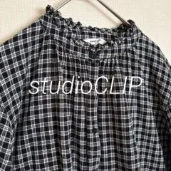 スタディオクリップシングルガーゼスタンドフリルブラウス襟フリルチェックゆったり