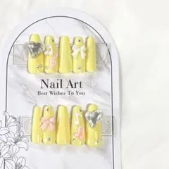 現品 ネイルチップ 量産型 韓国 地雷系 Y2K シンプル 黄色 音符 リボン