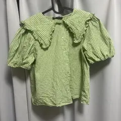 【美品】ZARA ブラウス S グリーン チェックフリル ピーターパン襟 ザラ
