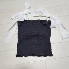 黒 リボンストラップ キャミソール シャーリング