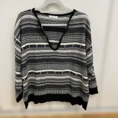 ジャカード織 ボーダー柄 ニット エスニック オーバーサイズ 白黒