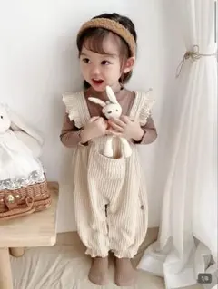 新品肩フリルベビーサロペットオーバーオールベージュ韓国股スナップ