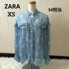 ザラ ZARA ブラウス シャツ 花柄 フリル ブルー シフォン カットソー