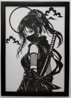 切り絵 くのいち 忍者 オリジナルキャラクター A4 額付き