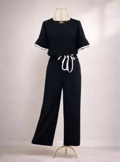 黒パンツスーツ セットM 上品 美シルエット ウエストリボン フォーマル 通勤
