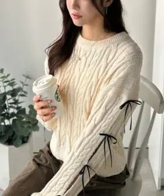 mily bilet 袖リボンケーブル編みニットプルオーバー　タグ付のサムネイル