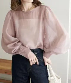 【DISCOAT】シアー肩ギャザーブラウス　ピンク